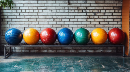 Colorful exercise balls lined on a metal bench against a brick wall in a bright fitness room. Generative AIの素材