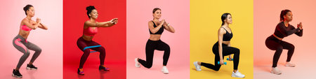 Empowering women perform various strength exercises against colorful backgroundsの写真素材