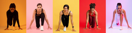Diverse group of women preparing to race against colorful backgroundsの写真素材