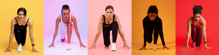 Five women in athletic poses against colorful backgrounds preparing to raceの写真素材