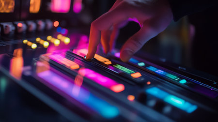 A DJ manipulates colorful sound controls in a vibrant club during a lively night eventの素材