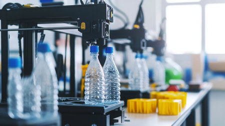 Water bottles are being filled by a machine on a production lineの素材