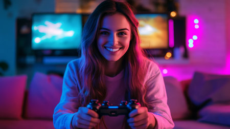 Young woman playing video games in a cozy room with colorful lights at nighttimeの素材
