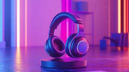 Over-ear headphones with a sleek design sit on a circular standの素材