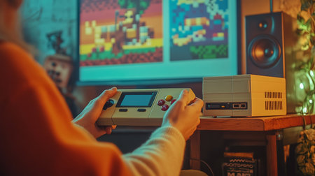 A person sits in a dimly lit room, engrossed in playing a retro-style video gameの素材