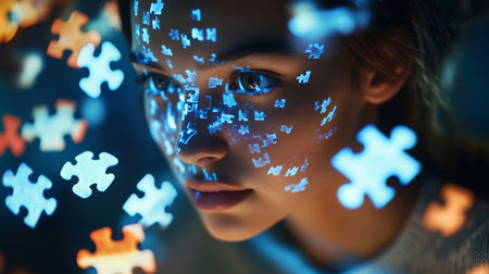 Young woman with puzzle pieces projected on her face exploring creativity at nightの素材