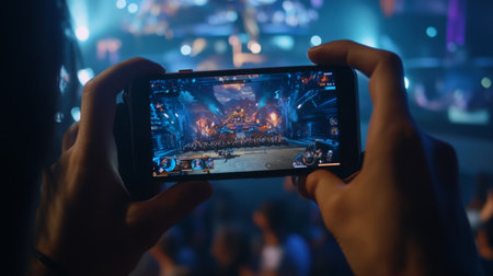 Person holding smartphone while gaming at lively event with vibrant lights and excitementの素材