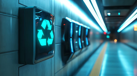 Modern recycling station in a subway corridor illuminated by neon lights at nightの素材