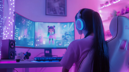 A young girl gaming in a dimly lit room with colorful lights and a modern setup at nightの素材