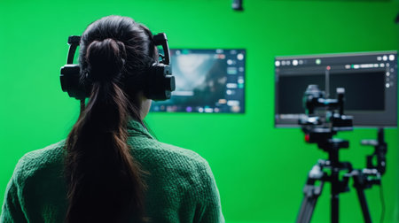 Young woman in headphones streaming live content from a green screen studio in the eveningの素材