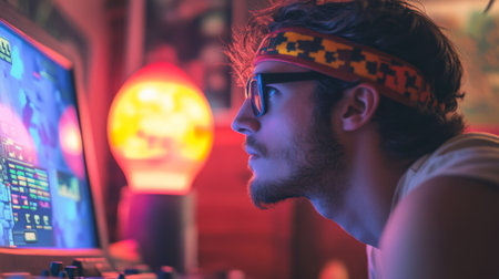 A young man plays video games alone in his dimly lit room late at nightの素材