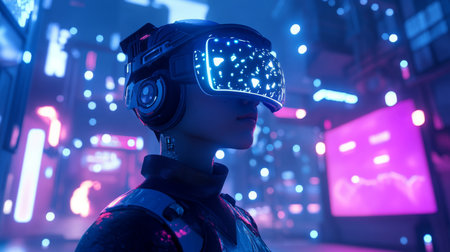 A person exploring a vibrant virtual reality world in a futuristic city at nightの素材