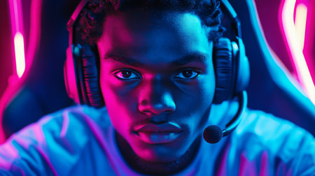 A close-up shot captures a young man wearing a headset, immersed in a video gameの素材