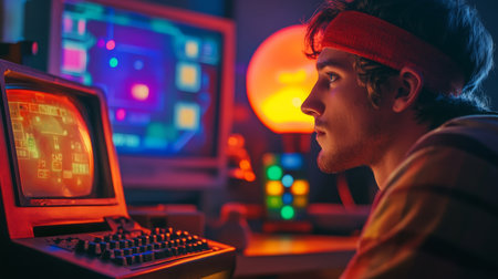 A young man plays a retro video game on a vintage computer late at nightの素材