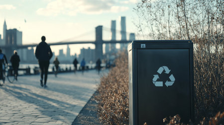 A person walks by a recycling bin along the waterfront with the skyline in the backgroundの素材