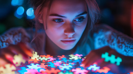Young woman assembling colorful puzzle pieces in dimly lit room with vibrant light effectsの素材