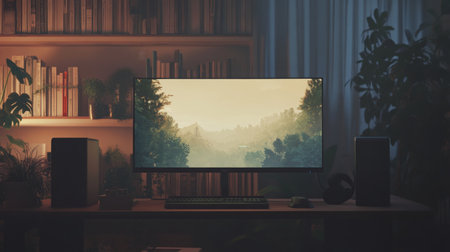 Relaxing workspace in a cozy room with a scenic view on the computer screen at duskの素材