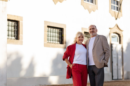 Couple posing together in stylish outfits outside a historic building during dayの写真素材