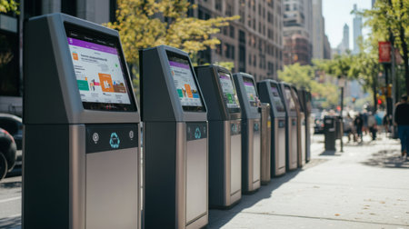 Digital trash cans line a city streetの素材