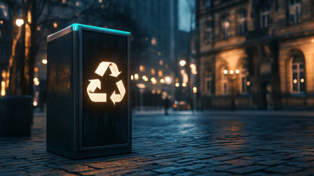 Recycling bin illuminated at night in a city square with historical buildings nearbyの素材