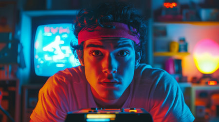 Young man playing video games in a colorful retro room with neon lights at nightの素材