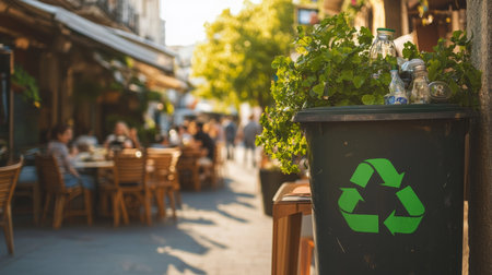 Recycling bin adorned with greenery in a lively outdoor dining area during golden hourの素材