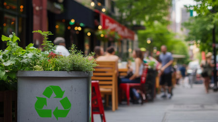 Recycling and outdoor dining in a vibrant urban setting during the warm afternoonの素材
