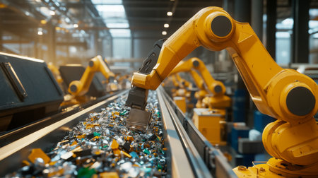 Robotic arms sorting waste materials in a modern recycling facility during daylight hoursの素材