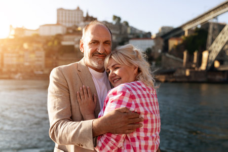 Couple embracing by the river in a picturesque city during sunsetの写真素材