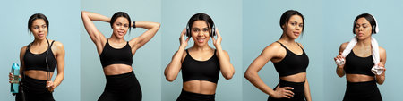 Woman engaged in a fitness routine while wearing headphones indoorsの写真素材