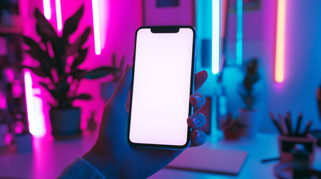 A hand holding a smartphone with blank screen in a vibrant, neon-lit workspace environmentの素材