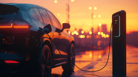 A black electric car is parked on a wet road at duskの素材