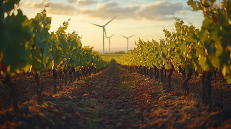 Sunset over a vineyard with wind turbines in the background, showcasing sustainable agriculture in rural landscapes. Generative AIの素材