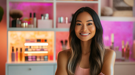 A woman smiles warmly while posing in a well-lit beauty studio filled with cosmeticsの素材