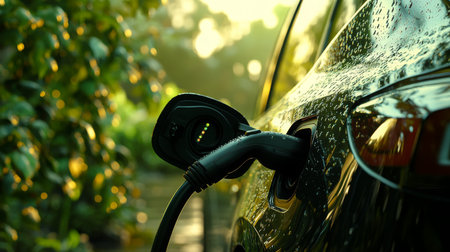 Charging an electric vehicle in a serene, rain-soaked environment during golden hourの素材