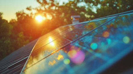 Solar panels gleam in the golden sunset, capturing renewable energy on a quiet rooftop in a suburban neighborhood. Generative AIの素材