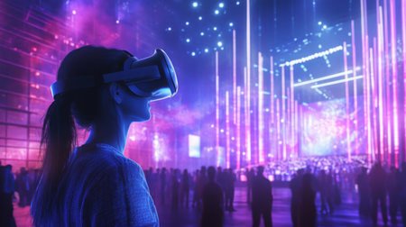 Exploring virtual reality at a vibrant night event with colorful lights and musicの素材