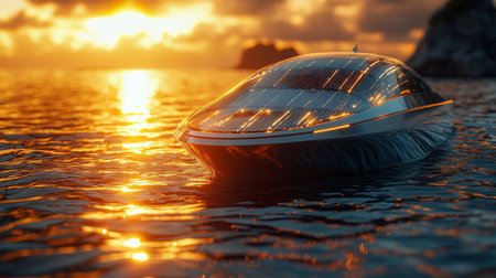 A sleek solar-powered boat gliding across calm waters during a vibrant sunset in a serene coastal setting. Generative AIの素材