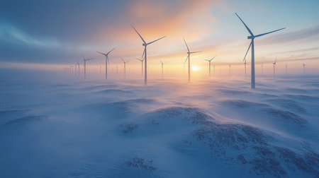 Wind turbines stand tall amidst a snowy landscape with a colorful sunset sky during winter in a remote area. Generative AIの素材