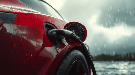A red electric car is charging by the water on a cloudy dayの素材