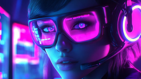 A woman in cyberpunk gear stares intently into the distanceの素材