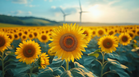 Vibrant sunflower field under a bright sky with wind turbines in the background during a sunny afternoon. Generative AIの素材
