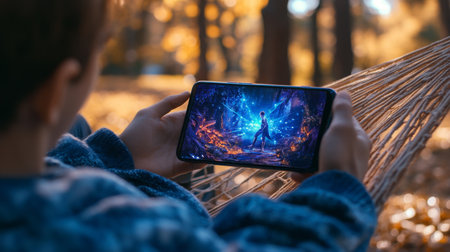 A person enjoying vibrant fantasy game on smartphone while relaxing in a hammock outdoorsの素材