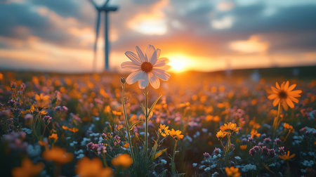 A vibrant field of wildflowers blooms under a stunning sunset with wind turbines in the background at dusk. Generative AIの素材