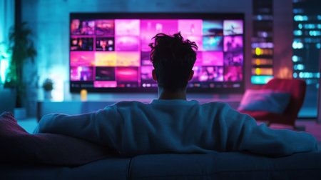 Relaxing evening at home watching colorful media on a large screen televisionの素材