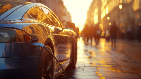 Electric vehicle charging at sunset on a bustling city street with pedestrians nearbyの素材