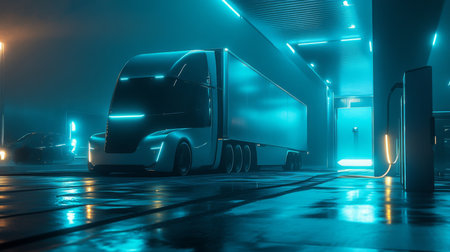 Futuristic electric truck charging at a neon-lit station during a rainy nightの素材
