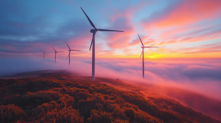 Wind turbines against a colorful sunset sky above rolling fog in a serene landscape. Generative AIの素材
