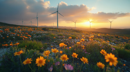 Golden wildflowers bloom in a wind farm at sunset, creating a stunning contrast against the colorful sky and turbine silhouettes. Generative AIの素材