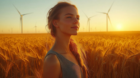 Woman enjoying the sunset in a golden wheat field surrounded by wind turbines during a peaceful evening. Generative AIの素材